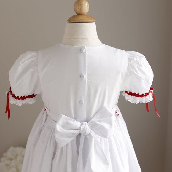 Strasburg Smocked Dress White with Red Trim Special Occassion Portrait - Picture 6 of 7
